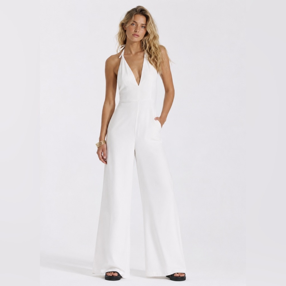 Free People Joise Halter Jumpsuit White Halter V-Neck Wide-Leg Jumpsuit Small